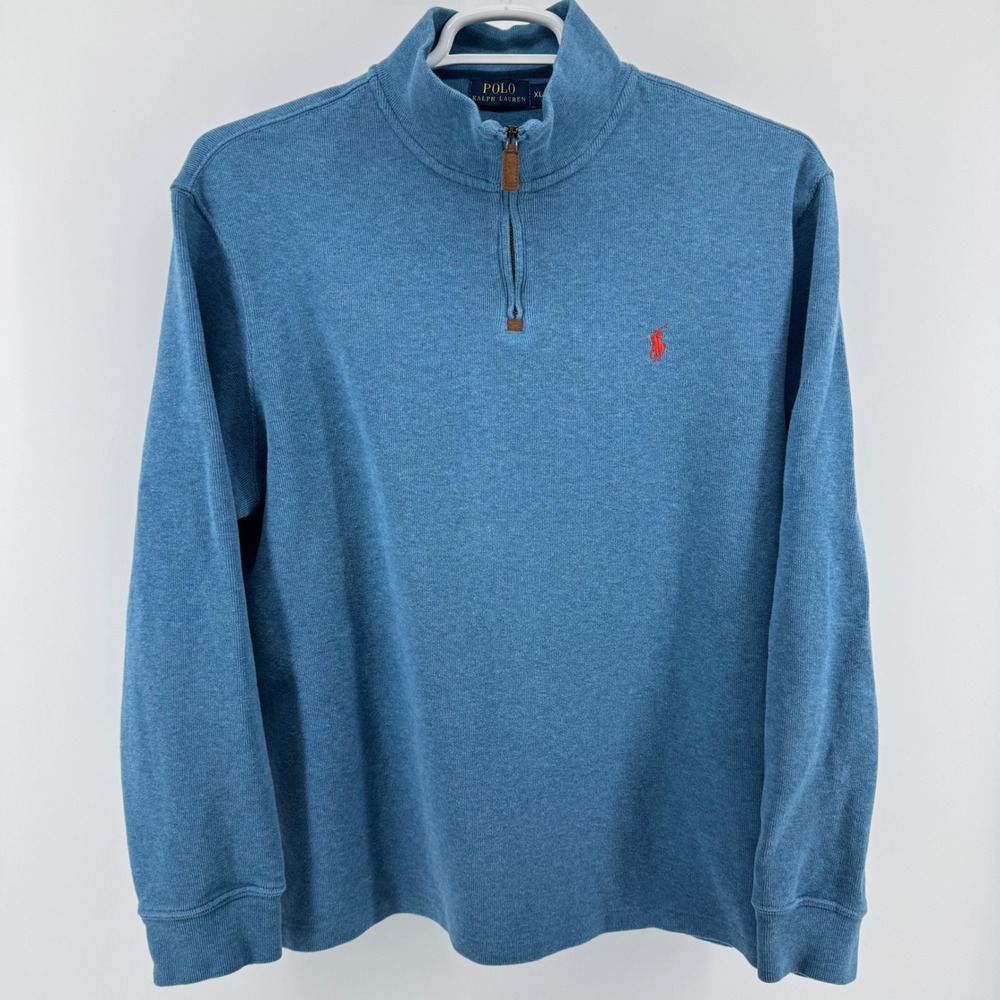 Polo Ralph Lauren Quarter Zip Pullover Mens XL Blue Cotton Pony Logo Sweater - Picture 2 of 10